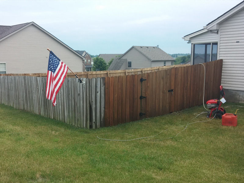 A flag is hanging in the yard of a house.