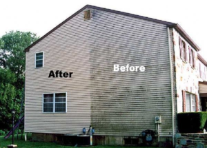 A before and after picture of the exterior of a house.